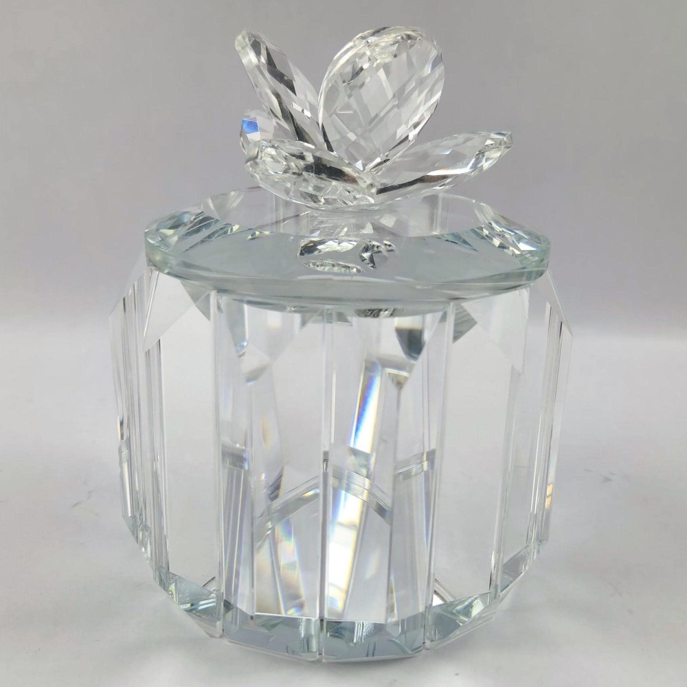 Faceted Crystal Glass Panel Trinket Jar with Lid Prismatic Vanity Decor